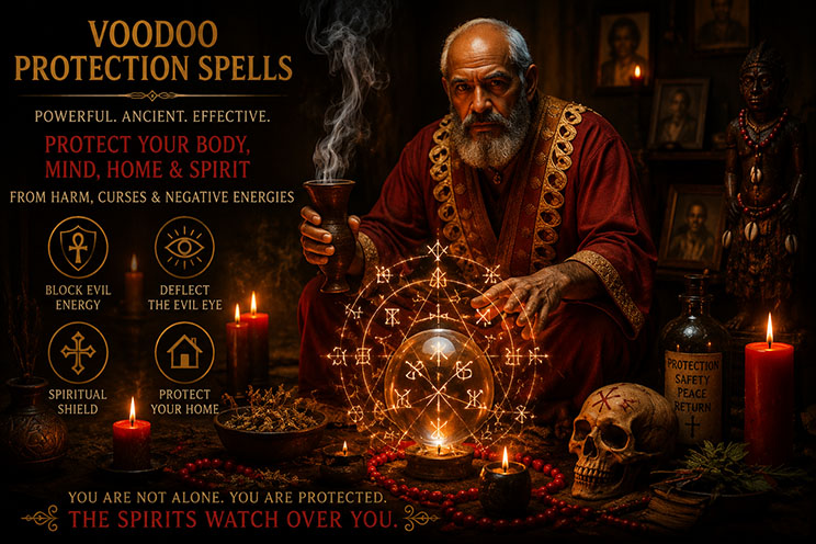 Protection altar with black salt, iron nails, red candles, and a mirror for evil eye reflection